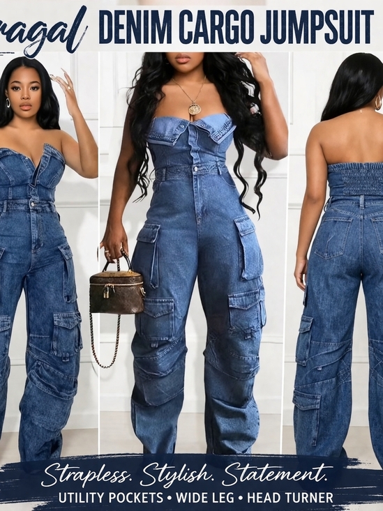 Loragal Denim - Loragal Denim Cargo Jumpsuit 3X Strapless Utility Wide Leg Statement Piece